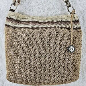 The Sak Beige Striped Crochet Shoulder Bag with Braided Shoulder Strap